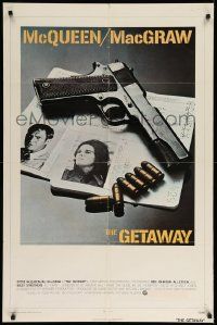 3z321 GETAWAY 1sh '72 Steve McQueen, Ali McGraw, Sam Peckinpah, cool gun & passports image!