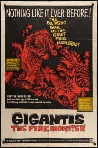 3z326 GIGANTIS THE FIRE MONSTER 1sh '59 cool art of Godzilla breathing flames at Angurus!