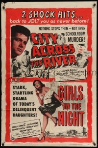 3z330 GIRLS IN THE NIGHT/CITY ACROSS THE RIVER 1sh '55 schoolroom murder & delinquent daughters!