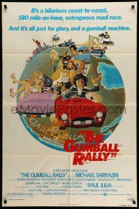 3z356 GUMBALL RALLY style A 1sh '76 Michael Sarrazin, wacky art of car racing around the world!