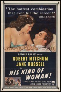3z389 HIS KIND OF WOMAN 1sh '51 Robert Mitchum, sexy Jane Russell, presented by Howard Hughes!