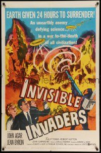 3z425 INVISIBLE INVADERS 1sh '59 cool artwork of alien who gives Earth 24 hours to surrender!