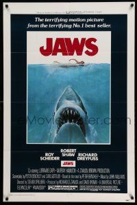 3z434 JAWS 1sh '75 art of Steven Spielberg's classic man-eating shark attacking sexy swimmer!