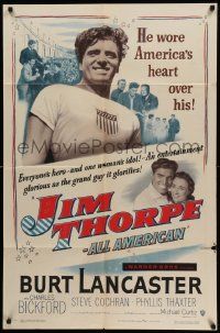 3z436 JIM THORPE ALL AMERICAN 1sh '51 Burt Lancaster as greatest athlete of all time!