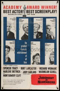 3z444 JUDGMENT AT NUREMBERG awards 1sh R62 Spencer Tracy, Judy Garland, Burt Lancaster, Dietrich!