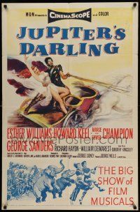 3z445 JUPITER'S DARLING 1sh '55 great art of sexy Esther Williams & Howard Keel on chariot!