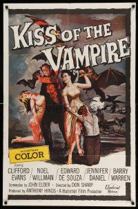 3z459 KISS OF THE VAMPIRE 1sh '63 Hammer, cool art of devil bats attacking by Joseph Smith