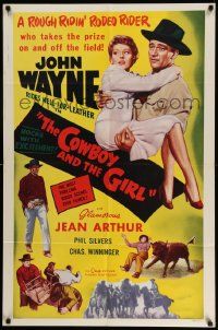 3z468 LADY TAKES A CHANCE 1sh R54 Jean Arthur and John Wayne, The Cowboy & The Girl!