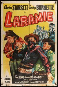 3z470 LARAMIE 1sh '49 Charles Starrett as The Durango Kid & Smiley Burnette on the warpath!