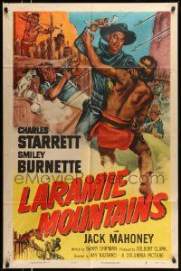 3z471 LARAMIE MOUNTAINS 1sh '52 art of Charles Starrett & Smiley fighting Native Americans!