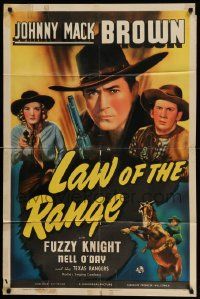 3z478 LAW OF THE RANGE 1sh '41 great close up of Johnny Mack Brown with gun & on horse!