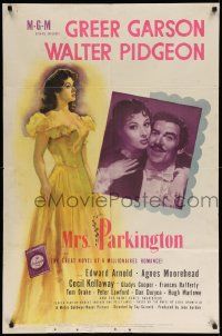 3z581 MRS. PARKINGTON style D 1sh '44 great romantic art of Greer Garson & Walter Pidgeon!