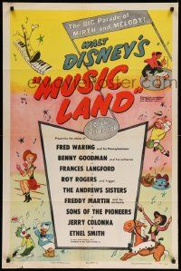3z586 MUSIC LAND style A 1sh '55 Disney, cartoon art of Donald Duck, Rogers, Joe Carioca & more!