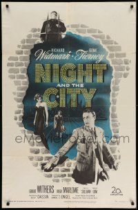 3z606 NIGHT & THE CITY 1sh '50 wrestling promoter Richard Widmark, sexy Gene Tierney, classic!