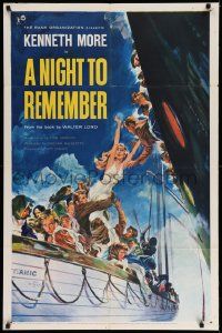 3z613 NIGHT TO REMEMBER 1sh '59 English Titanic biography, John Floherty Jr. art of tragedy!