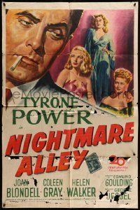 3z616 NIGHTMARE ALLEY 1sh '47 noir art of Tyrone Power w/Joan Blondell, Coleen Gray & Helen Walker