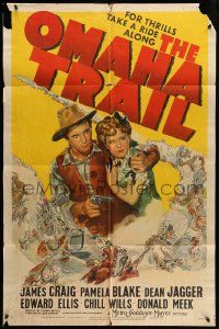 3z634 OMAHA TRAIL 1sh '42 artwork of cowboy James Craig & Pamela Blake, wagon train attack!