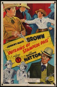 3z653 OUTLAWS OF STAMPEDE PASS 1sh '43 Johnny Mack Brown rescues pretty Ellen Hall!