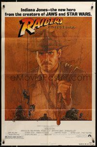 3z718 RAIDERS OF THE LOST ARK 1sh '81 great art of adventurer Harrison Ford by Richard Amsel!