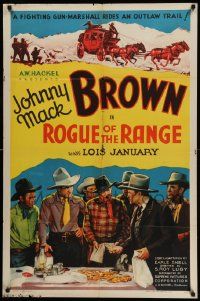 3z760 ROGUE OF THE RANGE 1sh '36 Johnny Mack Brown, bad guys counting their loot, cool stagecoach!
