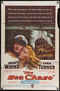 3z782 SEA CHASE 1sh '55 sexy Lana Turner is the fuse of John Wayne's floating time bomb!