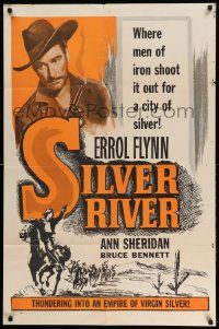 3z807 SILVER RIVER 1sh R56 Errol Flynn gambles for his life & sexy Ann Sheridan!