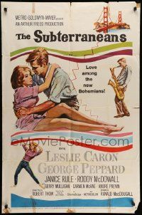 3z843 SUBTERRANEANS 1sh '60 from Jack Kerouac novel, art of sexy Leslie Caron & George Peppard!