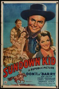 3z848 SUNDOWN KID 1sh '42 great smiling close up artwork of Red Barry & co-stars!