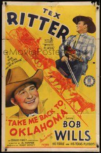 3z861 TAKE ME BACK TO OKLAHOMA 1sh '40 great stone litho of Tex Ritter and fiddling Bob Wills!