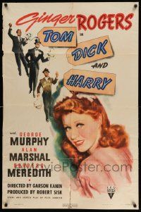 3z908 TOM, DICK & HARRY style A 1sh '41 c/u art of pretty Ginger Rogers, Murphy, Marshal & Meredith