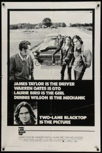 3z927 TWO-LANE BLACKTOP 1sh '71 James Taylor is the driver, Warren Oates is GTO, Laurie Bird
