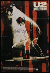 3z928 U2 RATTLE & HUM int'l 1sh '88 great image of rockers Bono & The Edge performing on stage!