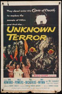 3z934 UNKNOWN TERROR 1sh '57 they dared enter the Cave of Death to explore the secrets of HELL!