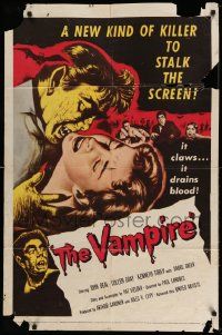 3z941 VAMPIRE 1sh '57 John Beal, it claws, it drains blood, cool art of monster & victim!