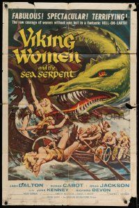 3z949 VIKING WOMEN & THE SEA SERPENT 1sh '58 art of sexy female warriors attacked on ship!
