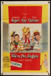 3z965 WE'RE NO ANGELS 1sh '55 art of Humphrey Bogart, Aldo Ray & Peter Ustinov tipping their hats!