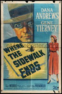 3z969 WHERE THE SIDEWALK ENDS 1sh '50 stone litho Dana Andrews, Gene Tierney, Otto Preminger noir!
