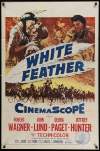 3z972 WHITE FEATHER 1sh '55 art of Robert Wagner & Native American Debra Paget!