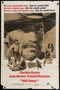 3z980 WILL PENNY 1sh '68 close up of cowboy Charlton Heston, Joan Hackett, Donald Pleasance