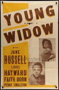 3z996 YOUNG WIDOW 1sh R50s sexy brunette Jane Russell, Louis Hayward and... Faith Dorn?