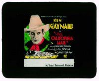 4a038 CALIFORNIA MAIL glass slide '29 great close up of cowboy Ken Maynard over stagecoach art!