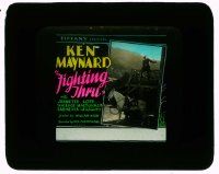 4a085 FIGHTING THRU glass slide '30 Ken Maynard preparing to leap on his horse from veranda!
