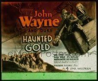 4a102 HAUNTED GOLD glass slide '32 great art of John Wayne being pushed out of cable car!