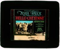 4a105 HELLO CHEYENNE glass slide '28 daredevil cowboy Tom Mix helps modernize the West w/ phones!