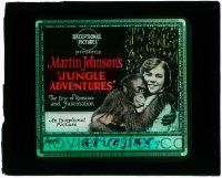 4a121 JUNGLE ADVENTURES glass slide '21 Martin Johnson filming his wife holding baby orangutan!