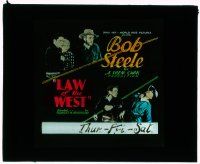 4a131 LAW OF THE WEST glass slide '32 co-stars watch cowboy Bob Steele beating up bad guy!