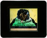 4a195 SMILIN' GUNS glass slide '29 great image of cowboy hero Hoot Gibson on horse rescuing woman!