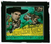 4a198 SMOKING GUNS glass slide '34 close up of Ken Maynard & great art fighting alligators!