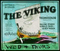 4a233 VIKING glass slide '29 great artwork of Norse viking longship at sea, entirely in color!
