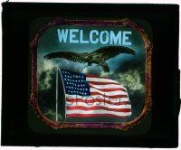 4a236 WELCOME glass slide '20s wonderful image of bald eagle over American flag in storm!